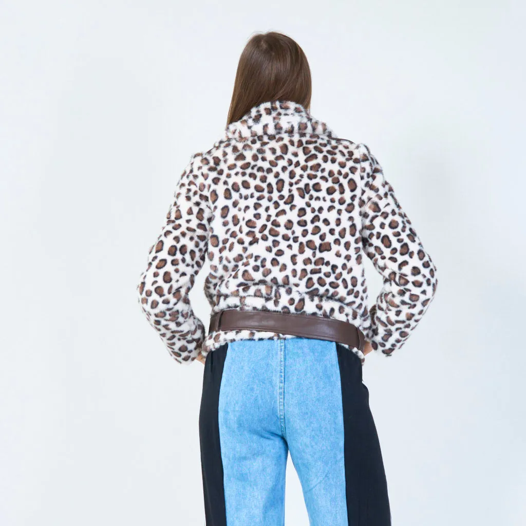 Leopard print faux fur biker jacket wholesale