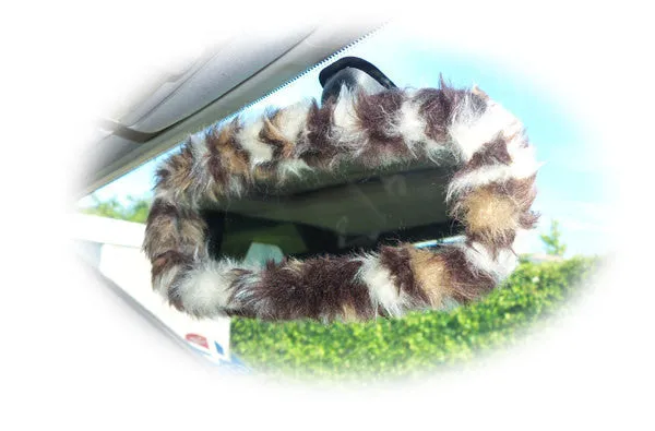 Leopard print fluffy faux fur 4 piece car accessories set