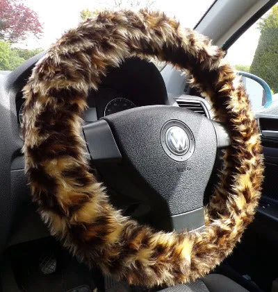 Leopard Print fuzzy faux fur car steering wheel cover cheetah animal print