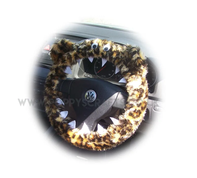 Leopard Print fuzzy Monster steering wheel cover with cute matching rear view mirror cover