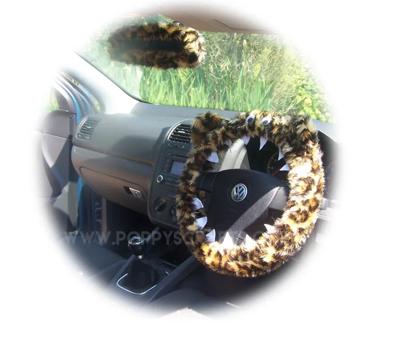 Leopard Print fuzzy Monster steering wheel cover with cute matching rear view mirror cover