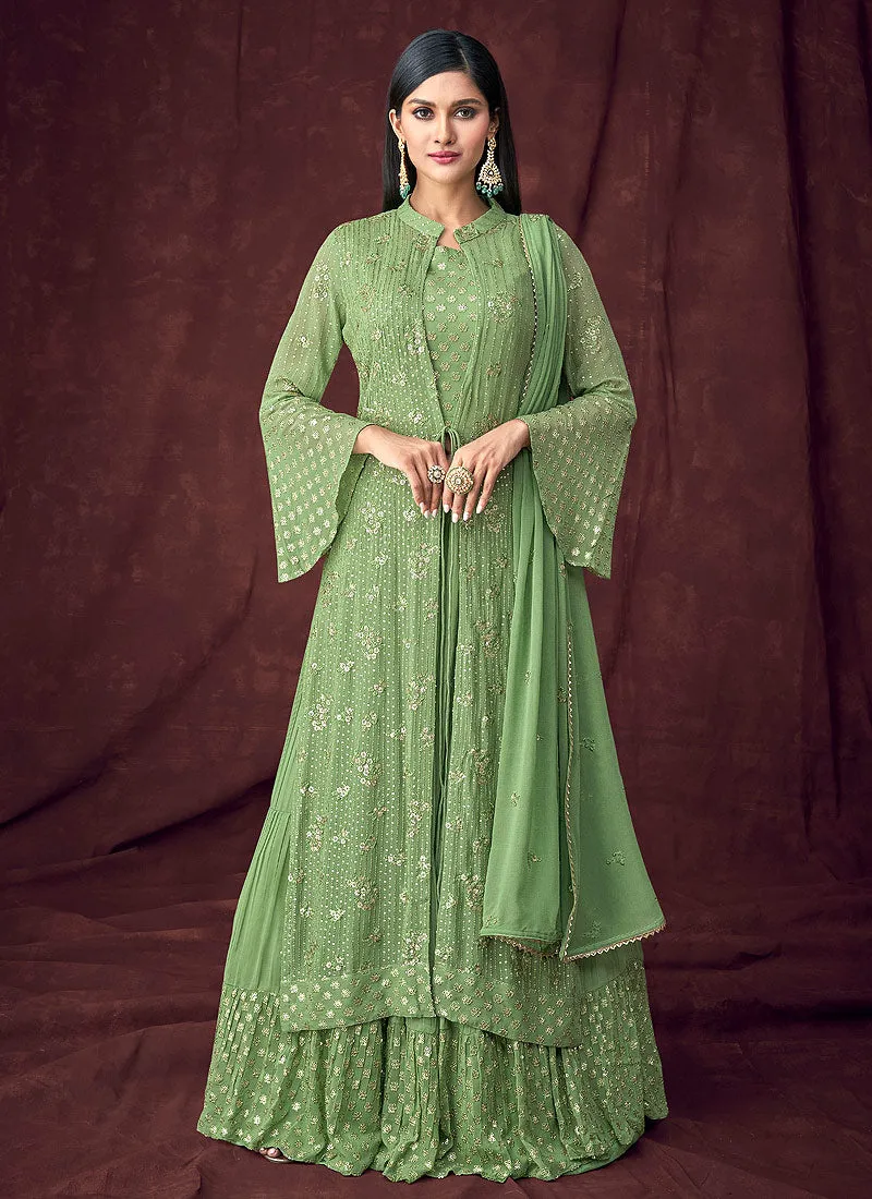 Light Green Embroidered Jacket Style Lehenga Suit