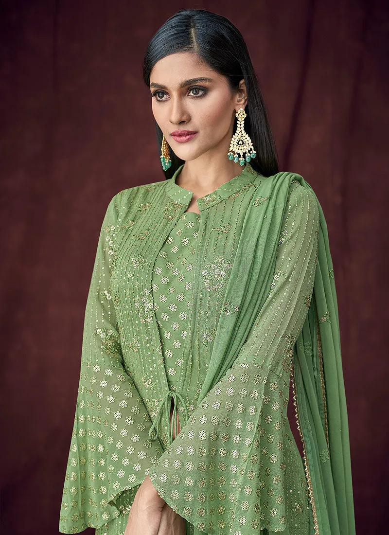 Light Green Embroidered Jacket Style Lehenga Suit