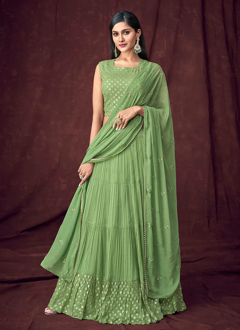 Light Green Embroidered Jacket Style Lehenga Suit