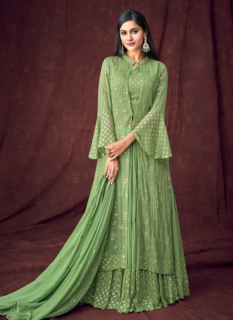 Light Green Embroidered Jacket Style Lehenga Suit