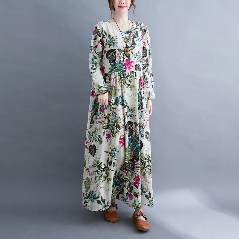 Literary Plus Size Printed Long Sleeve Dress