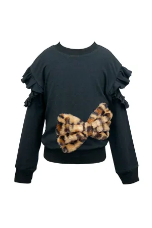 Little Girls Cut Out Sleeve Sweatshirt with Leopard Fur Bow