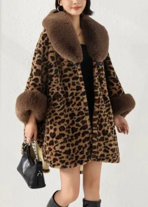 Loose Leopard Fur Collar Side Open Patchwork Warm Fleece Coat Fall