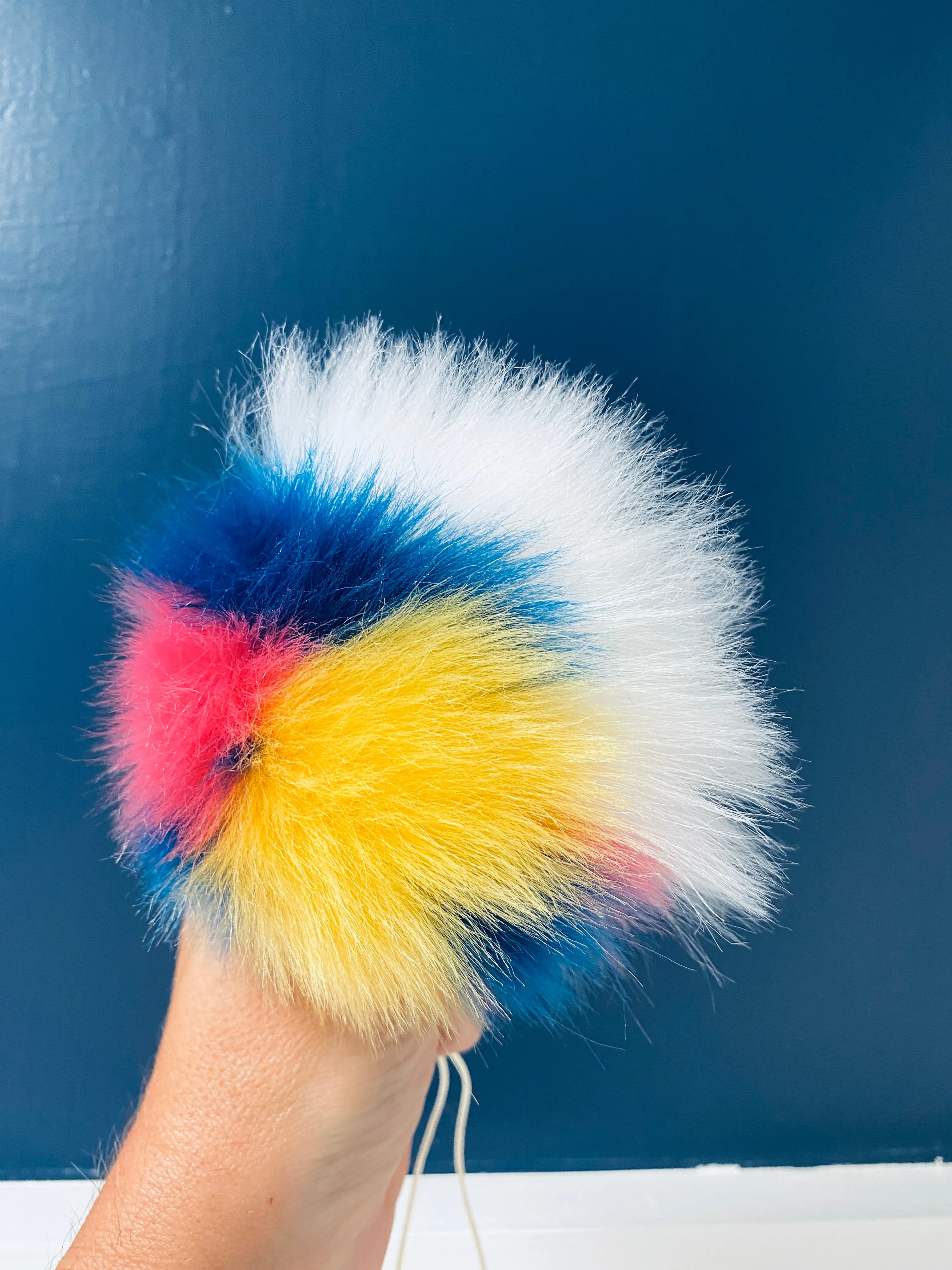 MADE TO ORDER Fun and funky leopard skin print yellow blue white pink faux fur pom pom with wooden button