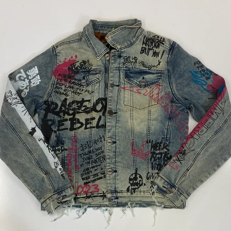 Majestik- graphic denim jacket w/leopard fur lining