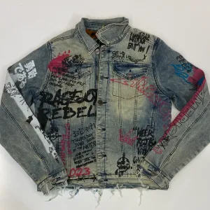 Majestik- graphic denim jacket w/leopard fur lining