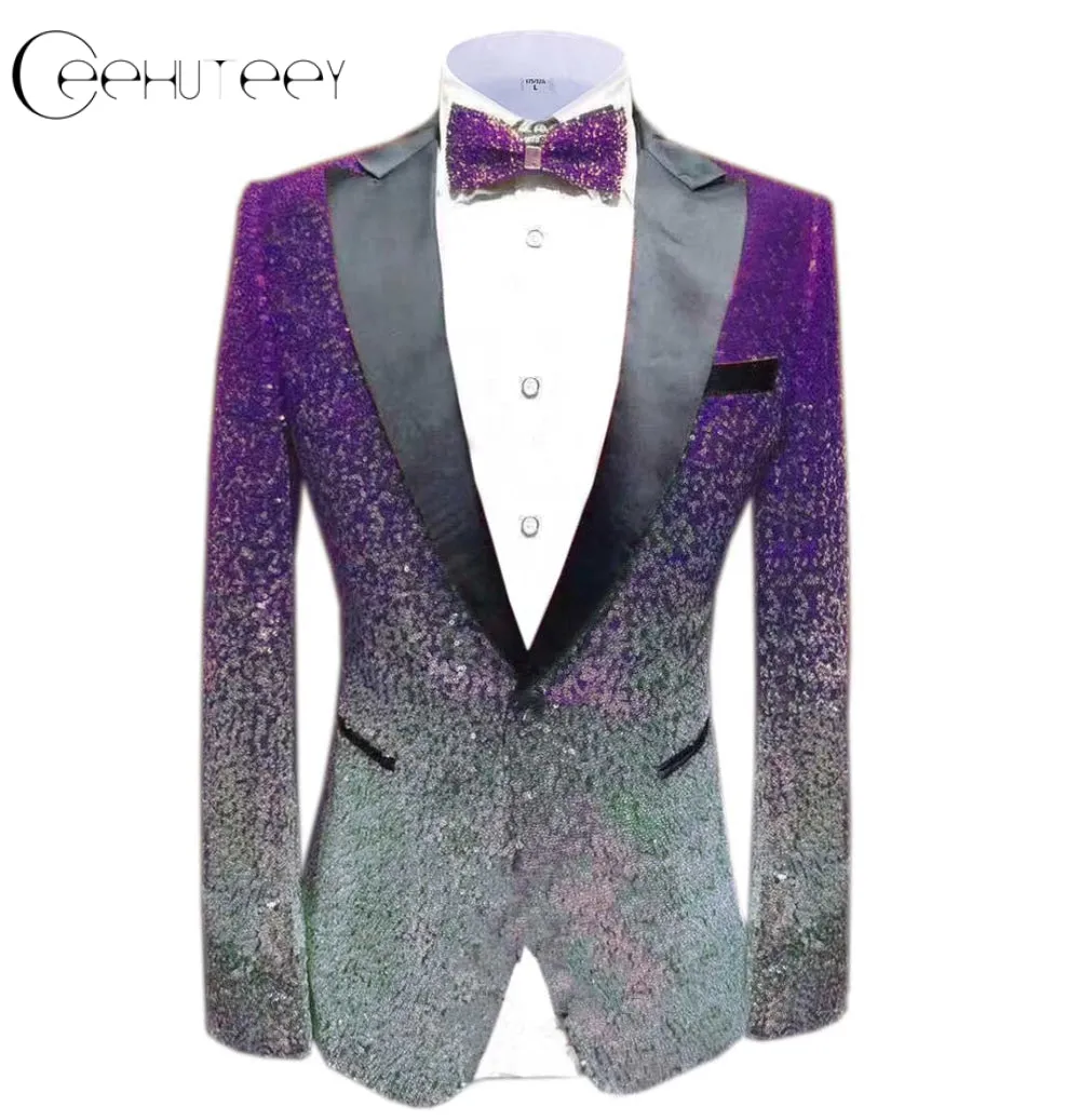 Men Peak Lapel Gradual Change Color Sequins Tuxedos Suit  Blazer