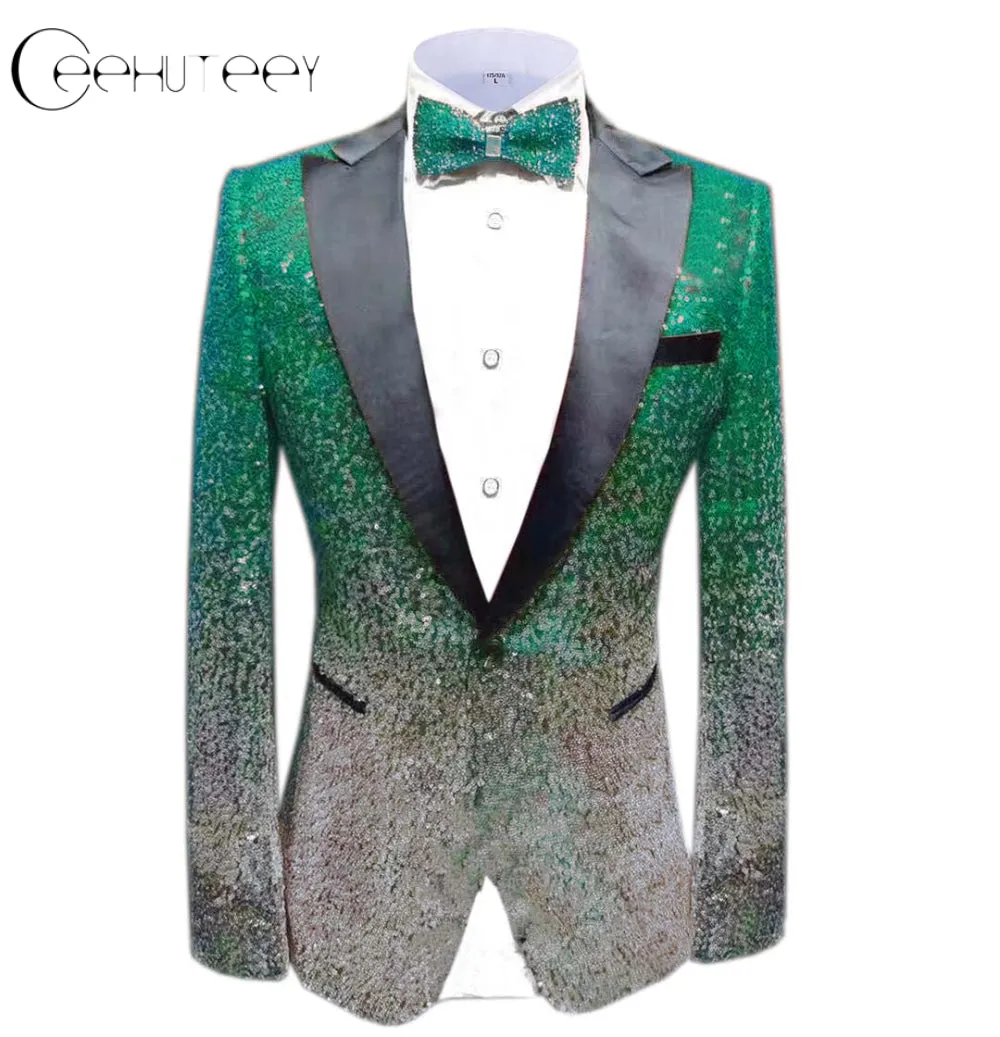 Men Peak Lapel Gradual Change Color Sequins Tuxedos Suit  Blazer