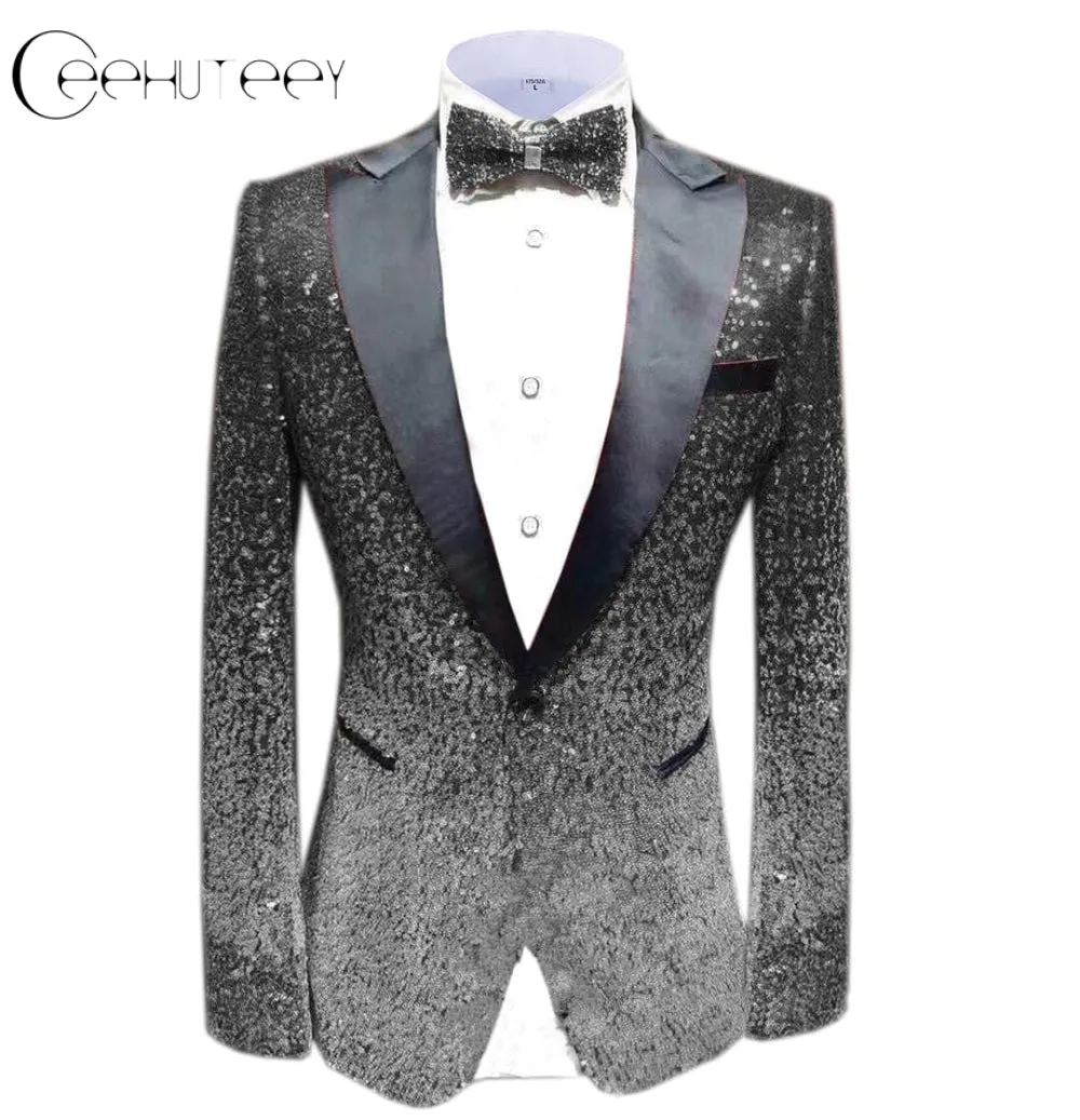 Men Peak Lapel Gradual Change Color Sequins Tuxedos Suit  Blazer