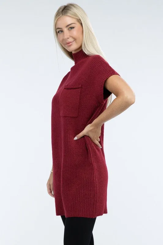 Mock Neck Short Sleeve Sweater Dress with Pocket