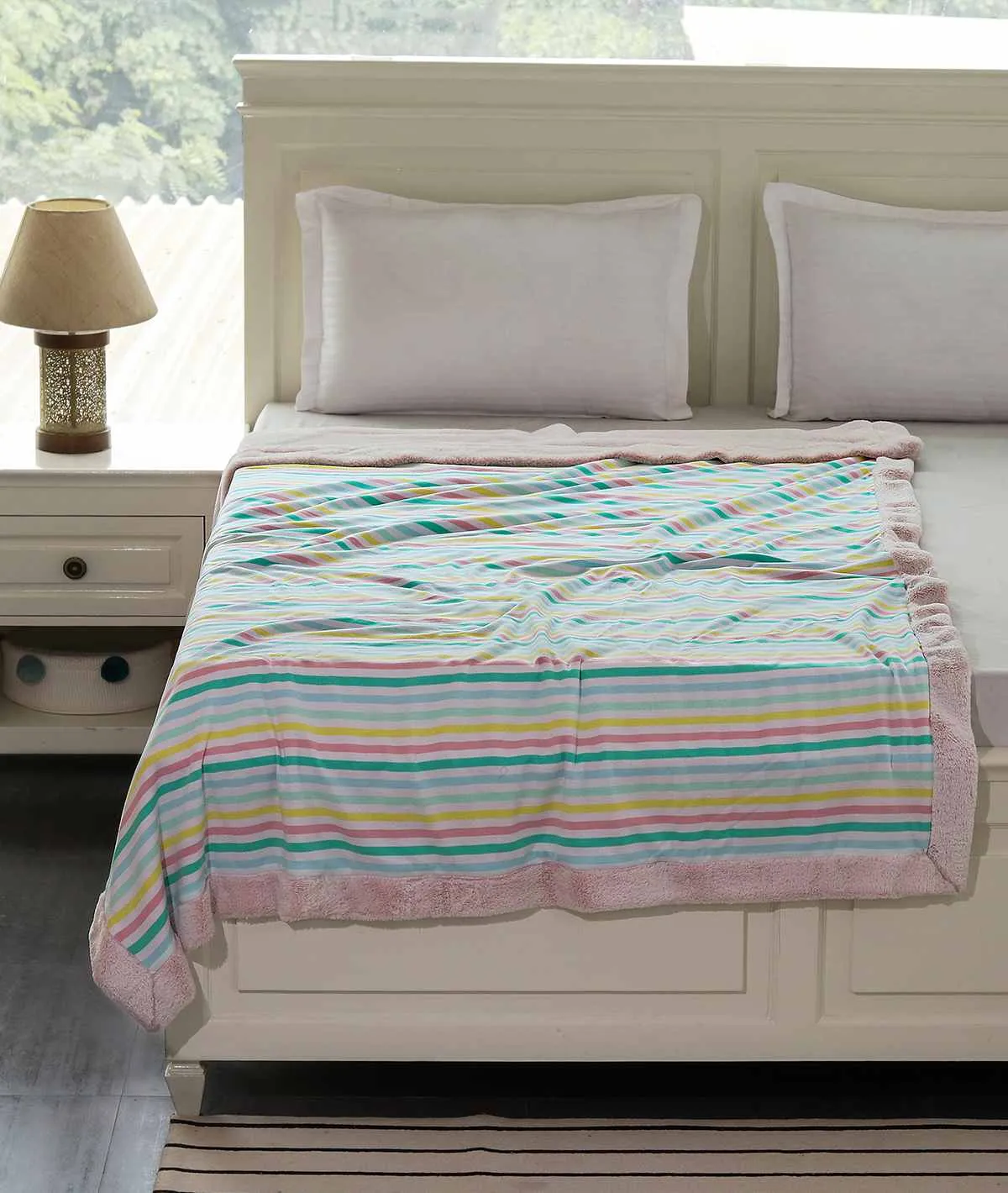 Multi Vibe with Multicolor Stripes Single Bed Cotton Knitted Blanket with Fur Back