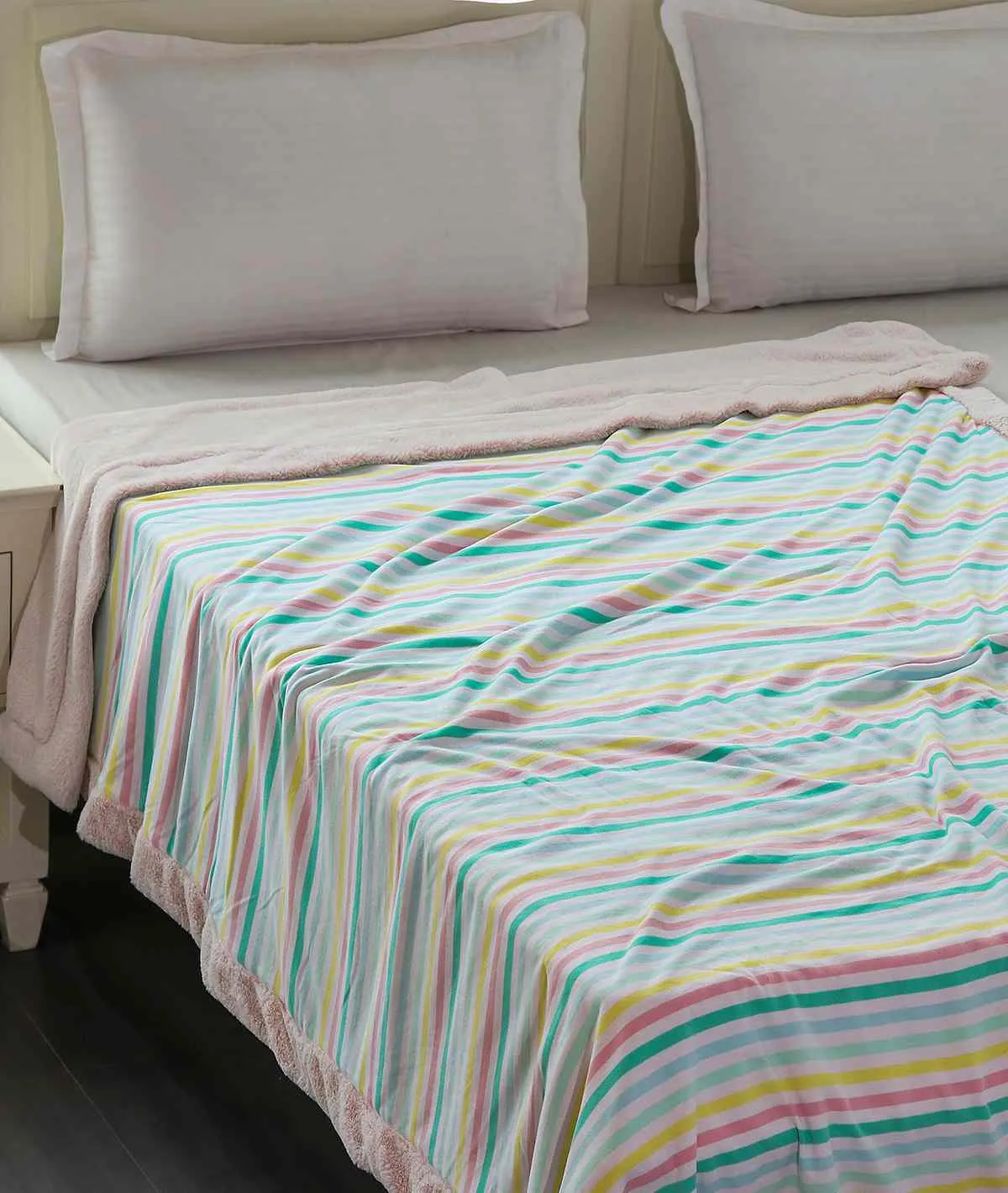 Multi Vibe with Multicolor Stripes Single Bed Cotton Knitted Blanket with Fur Back