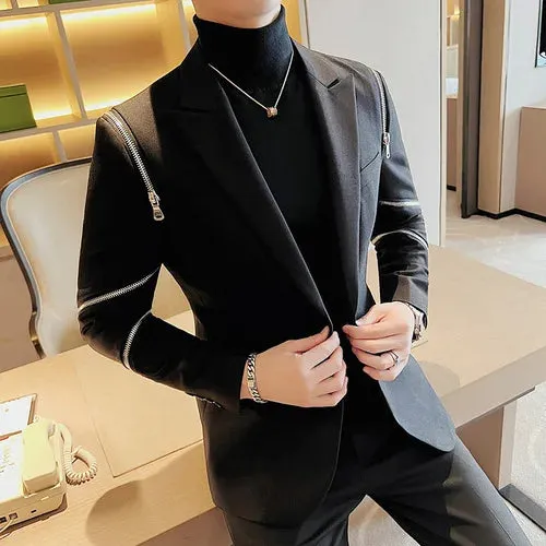 Multi-Zipper Solid Black Blazer