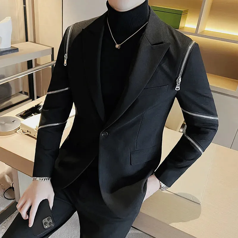 Multi-Zipper Solid Black Blazer