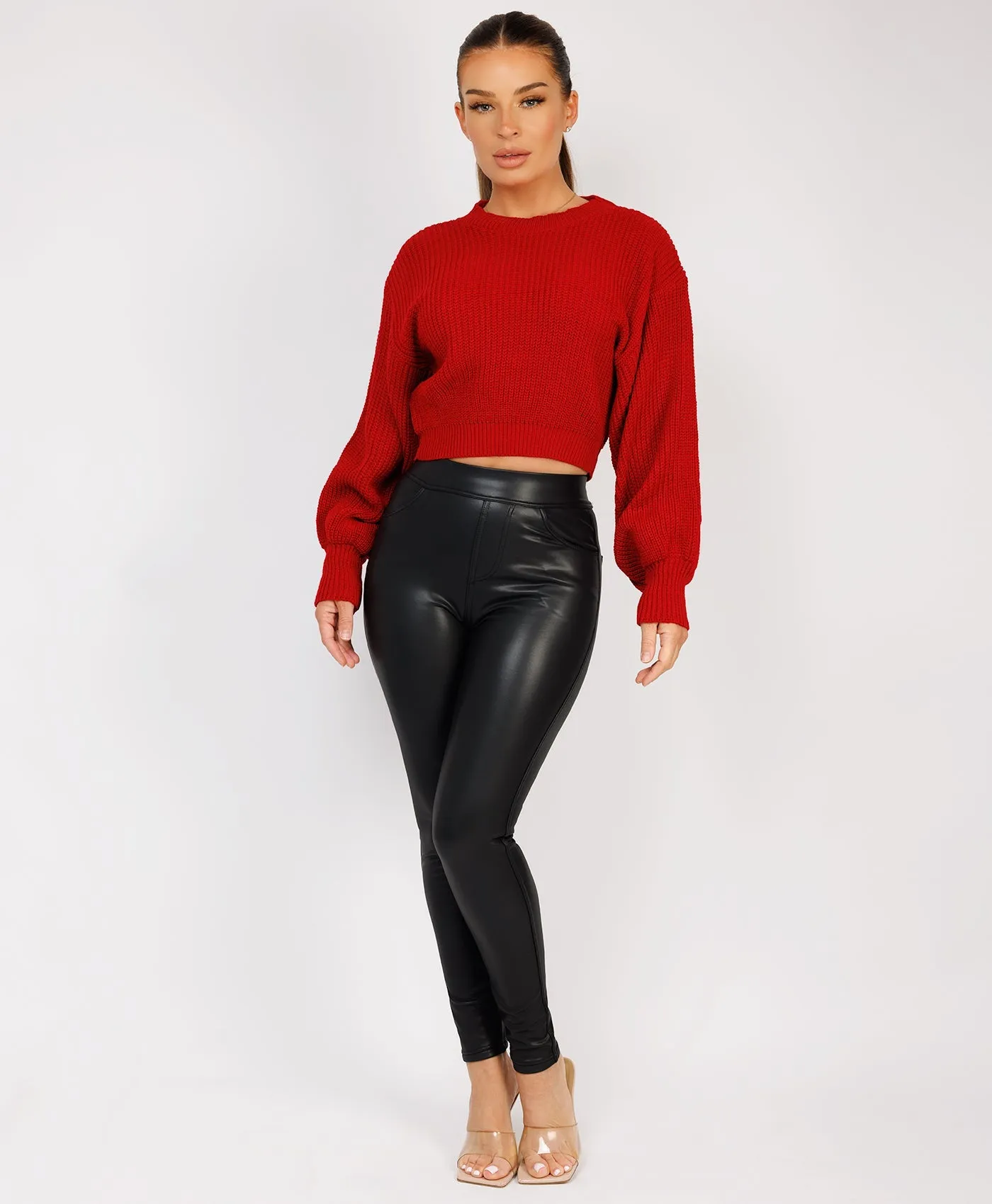 Red Oversized Lined Knit Balloon Sleeve Jumper