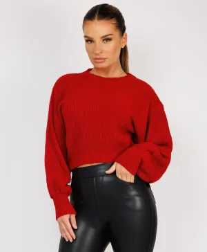 Red Oversized Lined Knit Balloon Sleeve Jumper