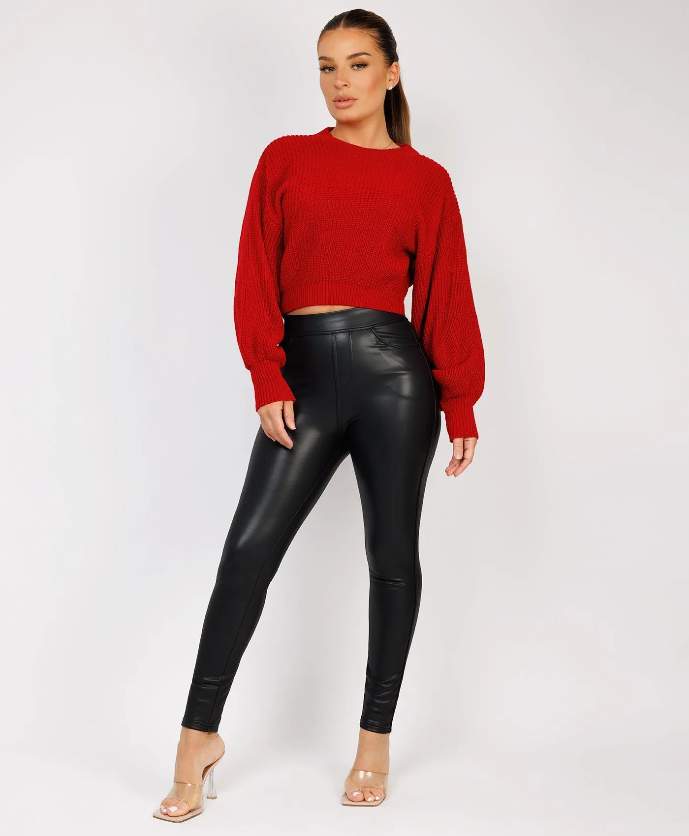 Red Oversized Lined Knit Balloon Sleeve Jumper