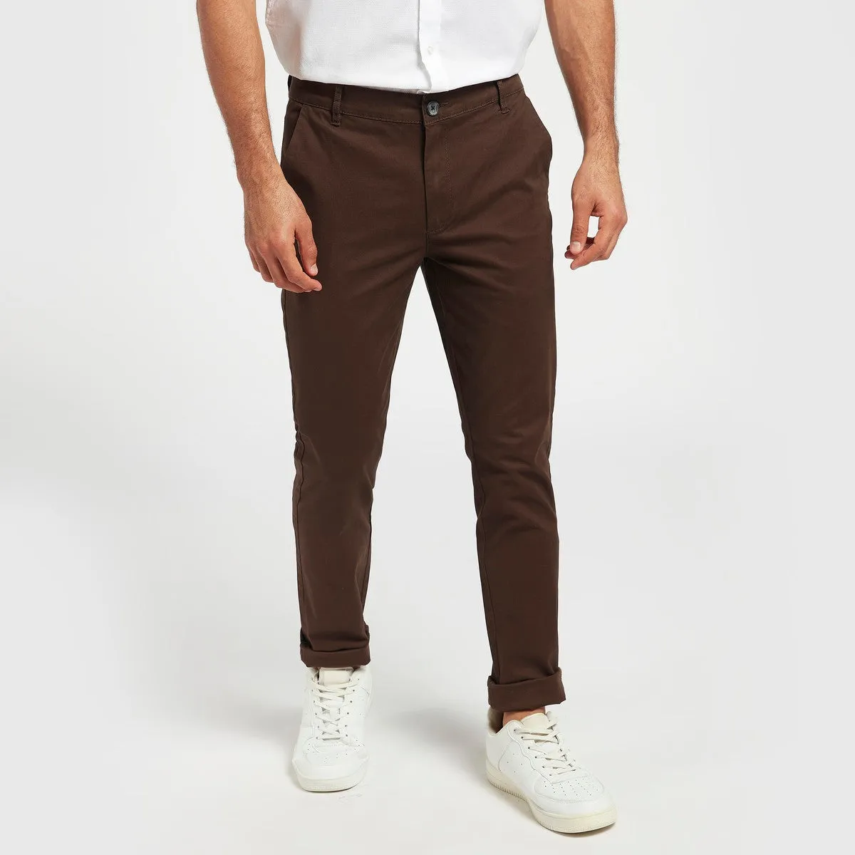 Solid Skinny Fit Chinos with Button Closure