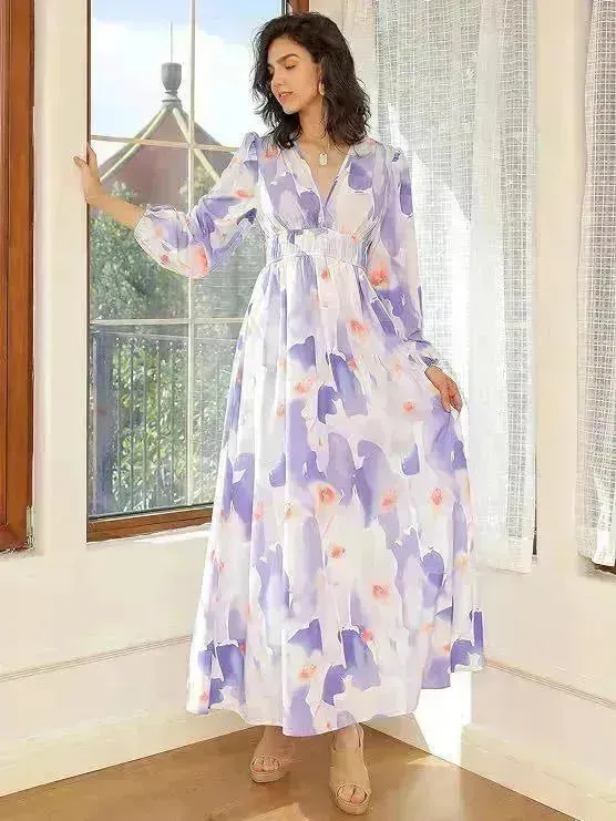 Spring NEW Long Casual Long Sleeve V-neck Printed Beach Long Flowy Dress