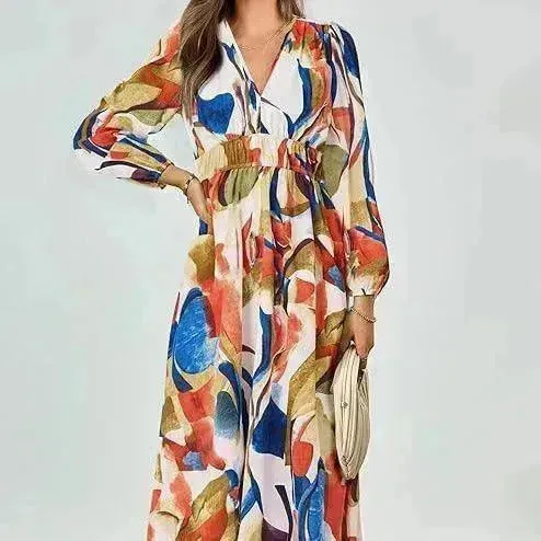 Spring NEW Long Casual Long Sleeve V-neck Printed Beach Long Flowy Dress