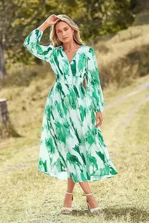 Spring NEW Long Casual Long Sleeve V-neck Printed Beach Long Flowy Dress