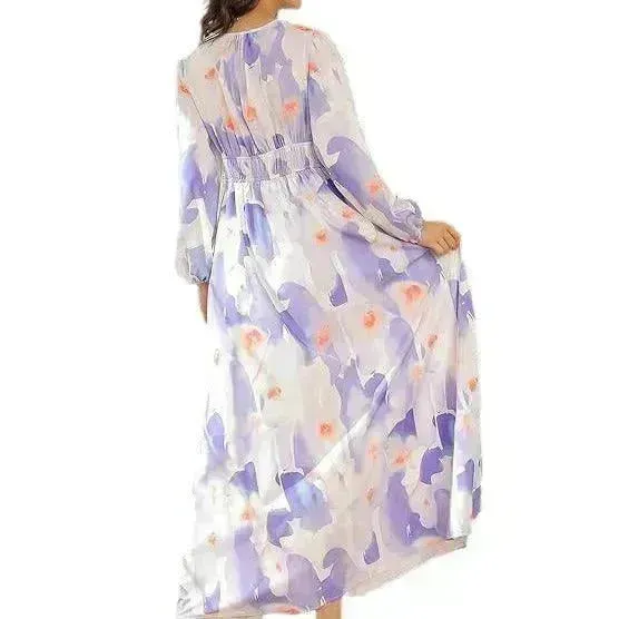 Spring NEW Long Casual Long Sleeve V-neck Printed Beach Long Flowy Dress