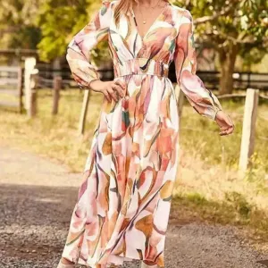 Spring NEW Long Casual Long Sleeve V-neck Printed Beach Long Flowy Dress