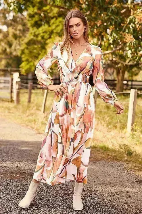 Spring NEW Long Casual Long Sleeve V-neck Printed Beach Long Flowy Dress