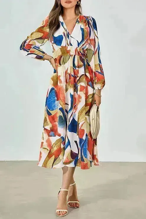 Spring NEW Long Casual Long Sleeve V-neck Printed Beach Long Flowy Dress