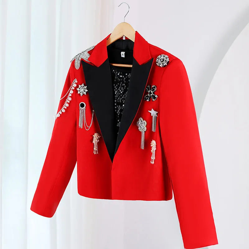 Steampunk Rhinestone Tassels Decoration Crop Blazer