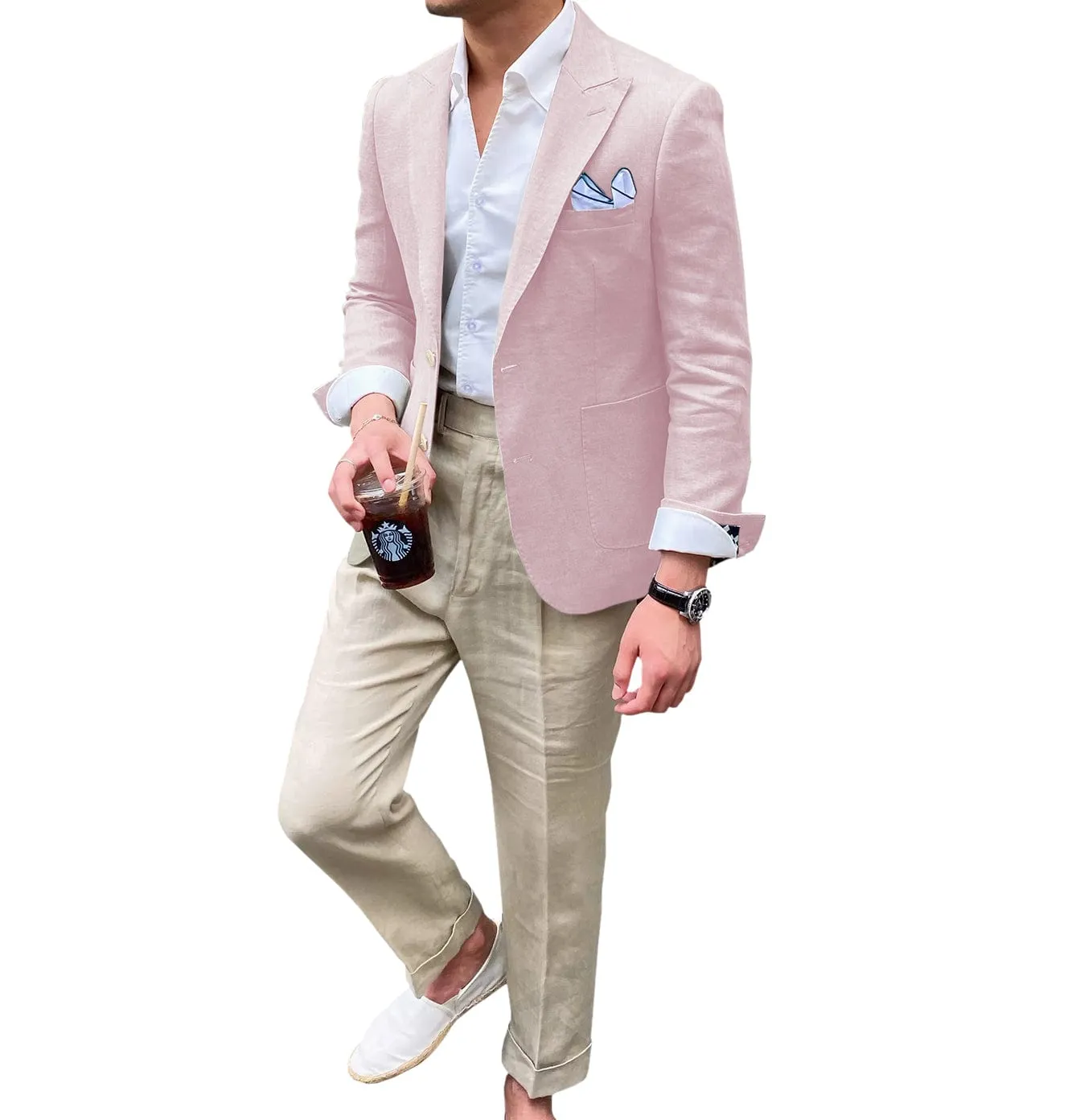 Summer Linen Men's Casual  Peak lapel Suit for Blazer