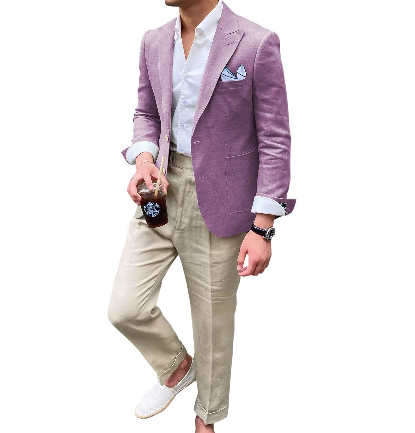 Summer Linen Men's Casual  Peak lapel Suit for Blazer