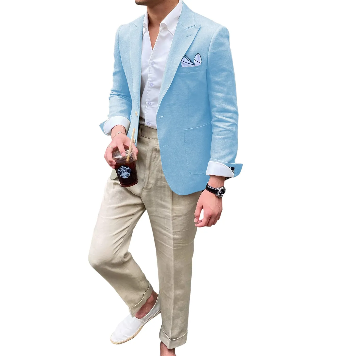 Summer Linen Men's Casual  Peak lapel Suit for Blazer