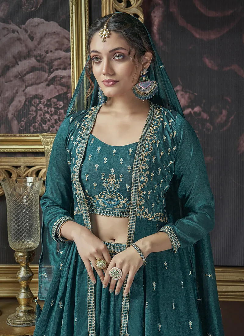 Turquoise Embroidery Lehenga Choli With Jacket