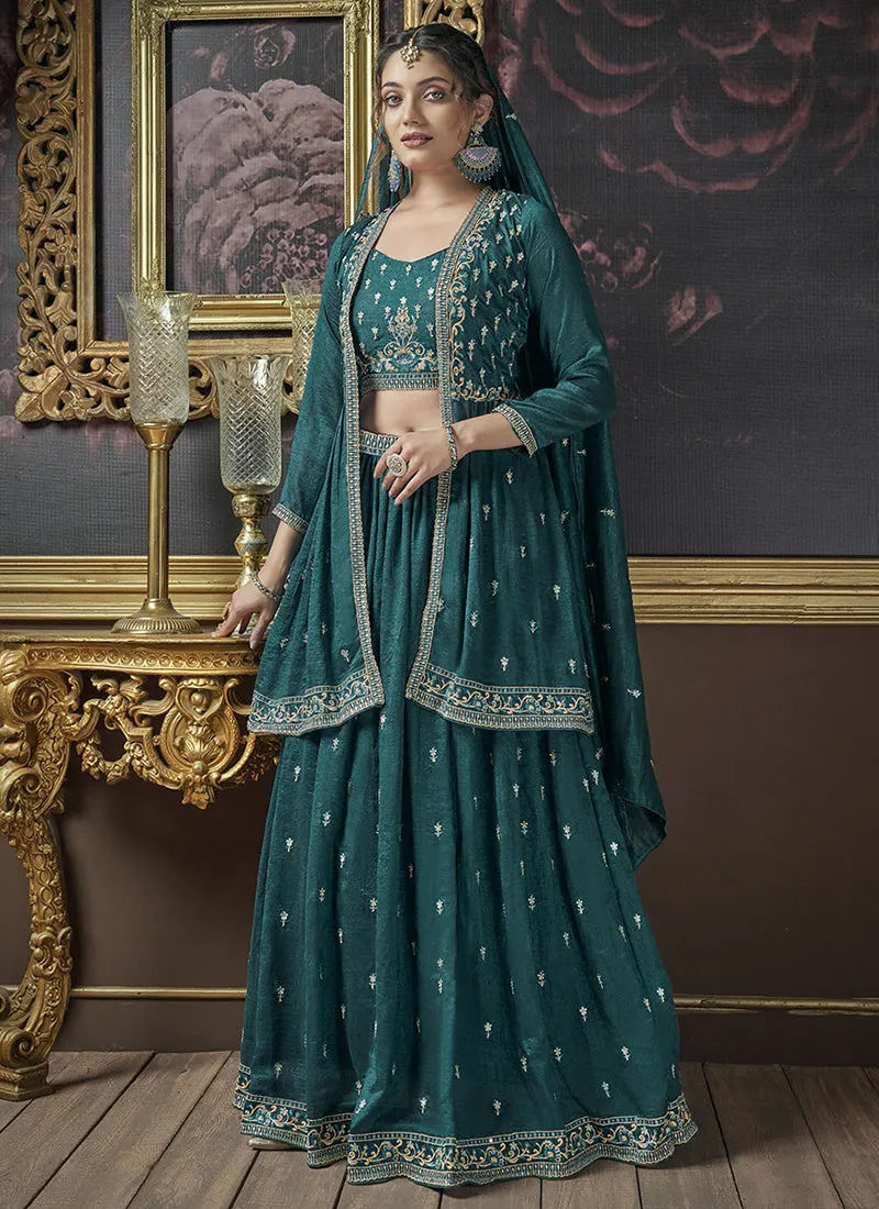 Turquoise Embroidery Lehenga Choli With Jacket