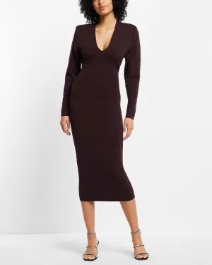 V-Neck Long Sleeve Padded Shoulder Back Cutout Midi Sweater Dress in Dark Purple