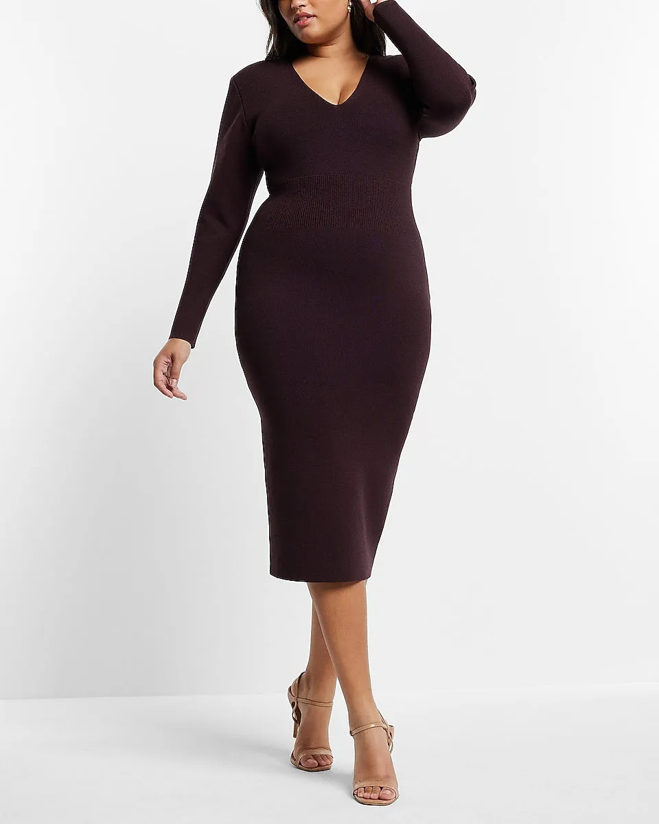 V-Neck Long Sleeve Padded Shoulder Back Cutout Midi Sweater Dress in Dark Purple