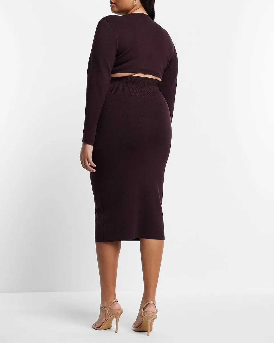 V-Neck Long Sleeve Padded Shoulder Back Cutout Midi Sweater Dress in Dark Purple