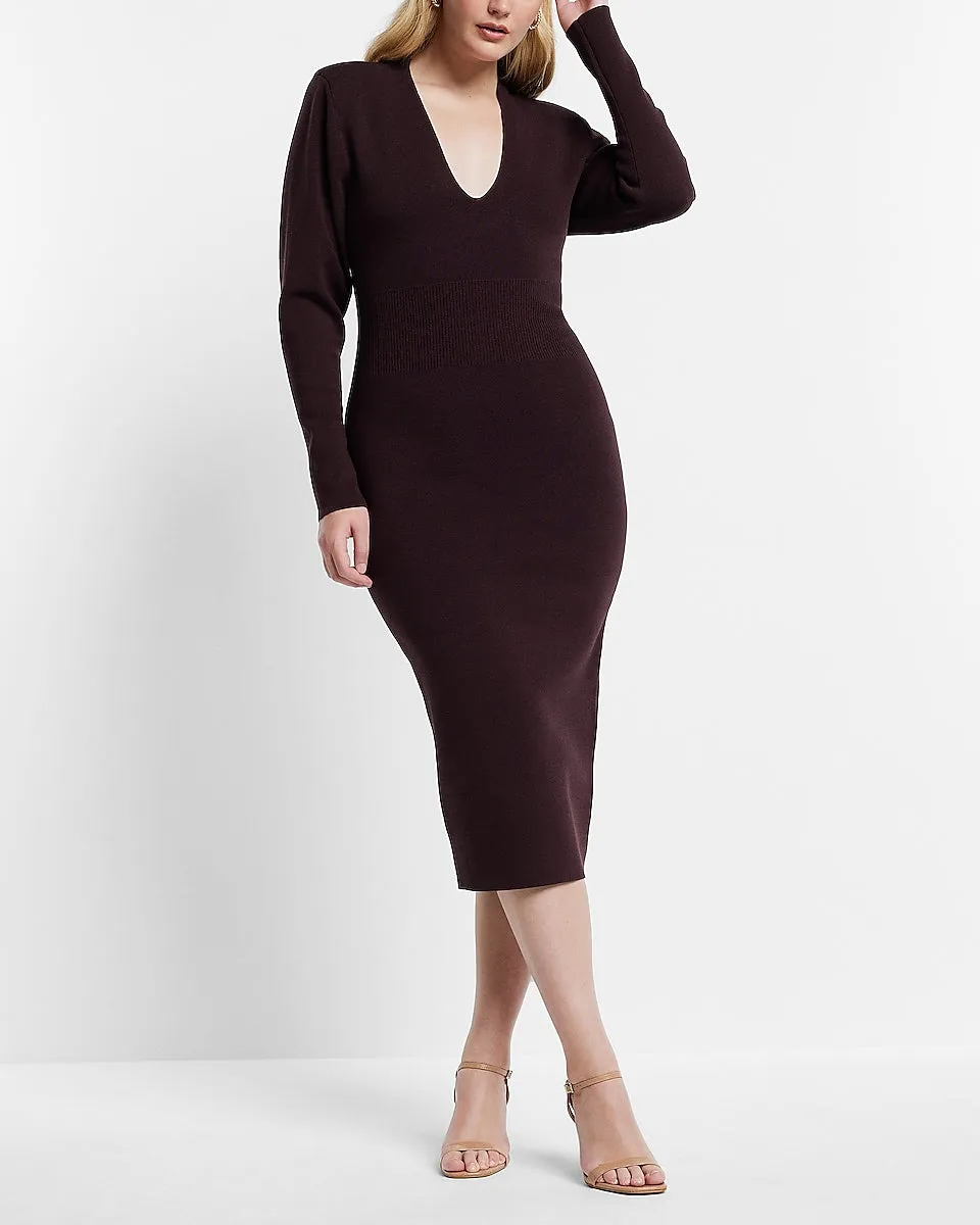 V-Neck Long Sleeve Padded Shoulder Back Cutout Midi Sweater Dress in Dark Purple