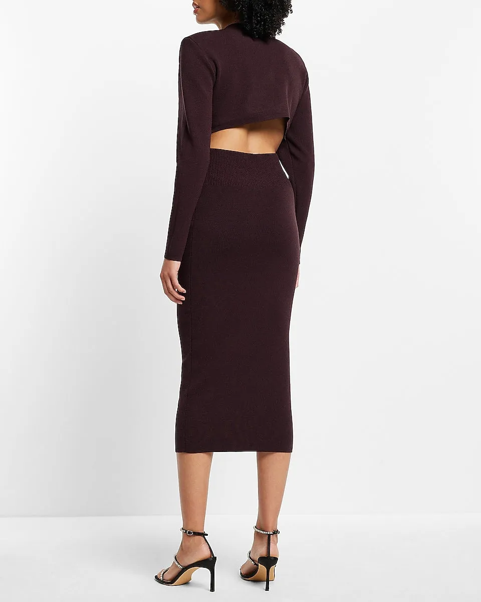 V-Neck Long Sleeve Padded Shoulder Back Cutout Midi Sweater Dress in Dark Purple