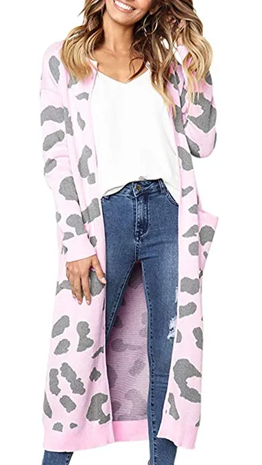 Women Long Sleeve Open Front Leopard Knit Long Cardigan Casual Print Knitted Maxi Sweater