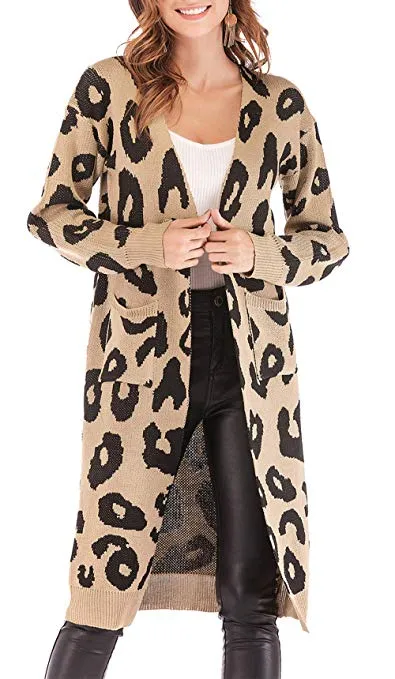 Women Long Sleeve Open Front Leopard Knit Long Cardigan Casual Print Knitted Maxi Sweater