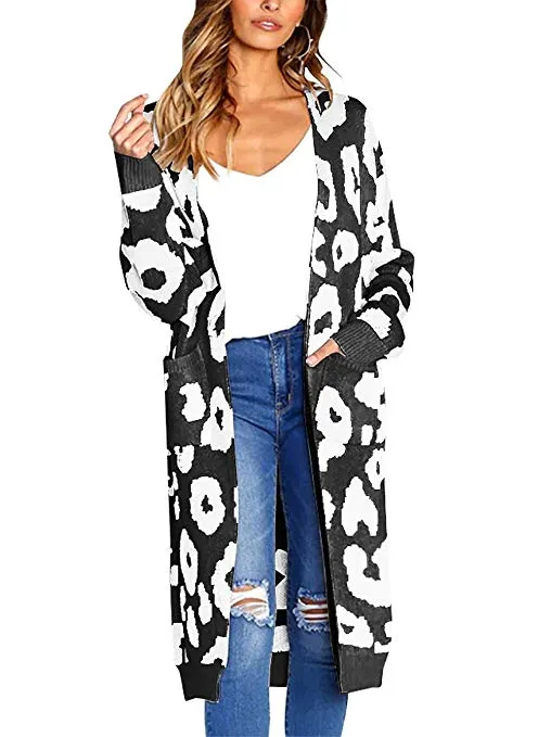 Women Long Sleeve Open Front Leopard Knit Long Cardigan Casual Print Knitted Maxi Sweater