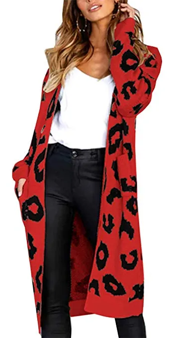 Women Long Sleeve Open Front Leopard Knit Long Cardigan Casual Print Knitted Maxi Sweater