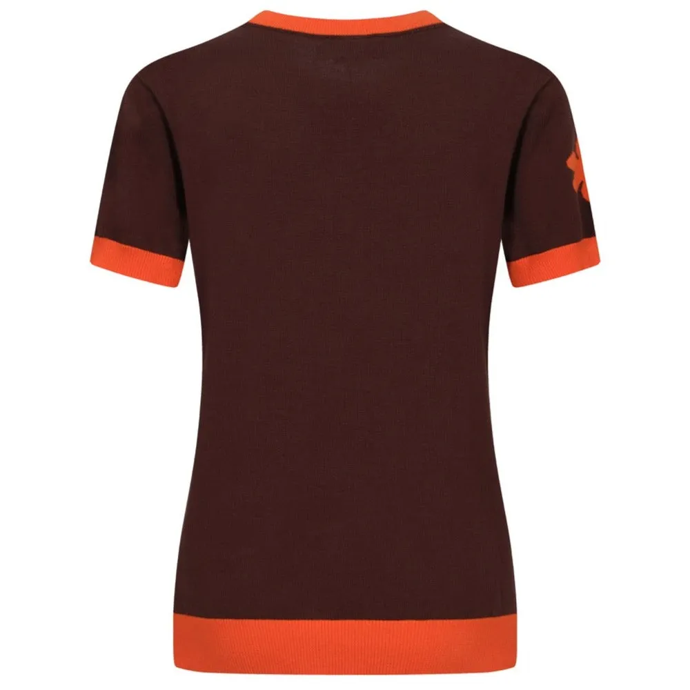 Women Orange Flowers Short Sleeves Brown Knitwear